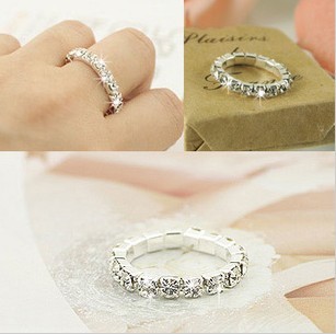 特价 单排满钻水钻戒指 超璀璨闪耀银色日韩式时尚 弹力指环