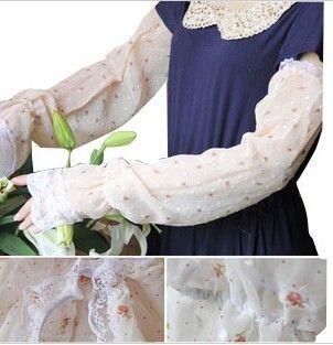冰玉点碎花蕾丝边夏季袖套女雪纺透气防晒防紫外线手套长手套六B30-3-3