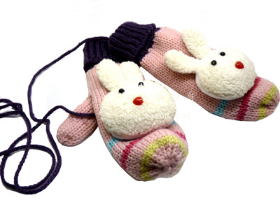 个性棉毛线挂脖手套 可爱韩版全指卡通可爱兔加厚手套 骑车保暖女士冬季手套38-36