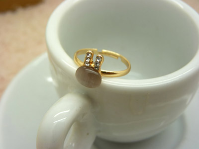 韩国复古戒指 超萌可爱保色水晶锆石兔子蝴蝶结 水钻保色戒指