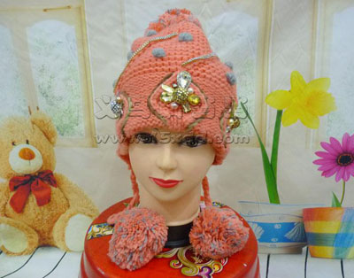 冬季帽子韩版潮可爱毛线帽 保暖护耳大球帽冬天帽子女士 -镶钻高档手工针织帽