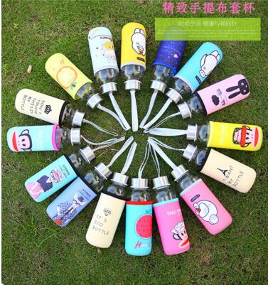 优质玻璃奶瓶材质创意便携防烫提手绳式透明玻璃布套杯B11-2-1