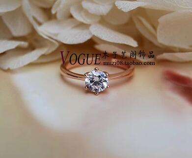 中号欧美时尚六爪玫瑰金超闪仿真钻石戒指环婚戒女情侣戒指生日礼物