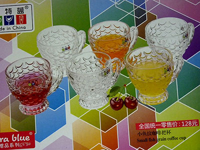 耐热小鱼纹把杯带把透明玻璃水杯玻璃品茗杯玻璃茶具花茶杯6001E4-4-1