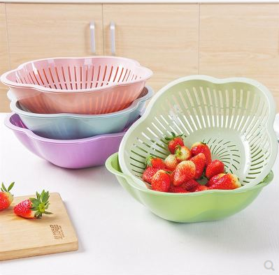 （100/件）CX-6029梅花形双层沥水篮 厨房加厚塑料洗菜篮 家用客厅多功能水果盘漏水篮八B31-2-1