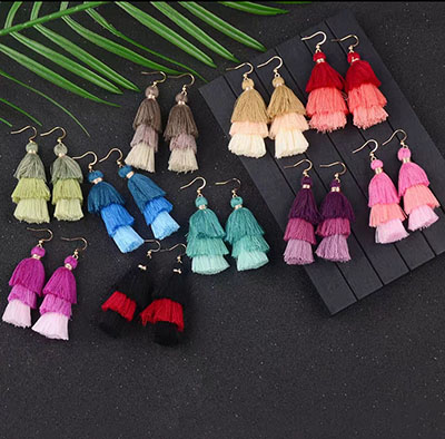 复古合金夸张耳环 布艺流苏长款耳环 潮女毛线耳饰C4-1-2