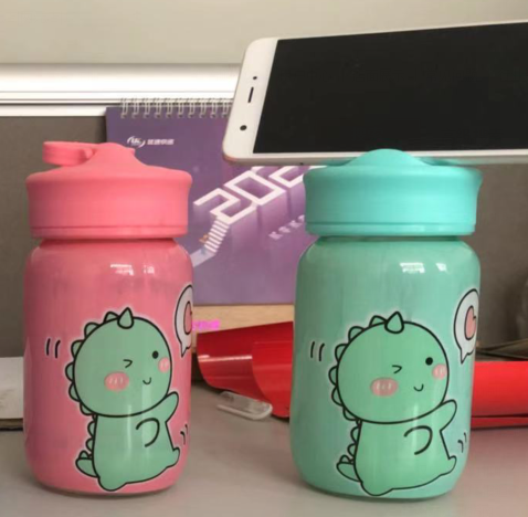 韩版卡通手机支架玻璃杯水杯男女学生创意潮流带盖杯子