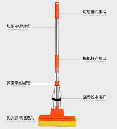 39*125cm不锈钢吸水拖把除尘免手洗滚轮挤水可伸缩清洁海绵拖把六B44-1-1