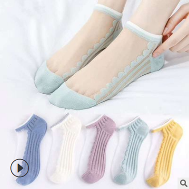 韩系镂空玻璃丝短袜卡丝网纱袜子女春夏季超薄款船袜透明C5-3-4
