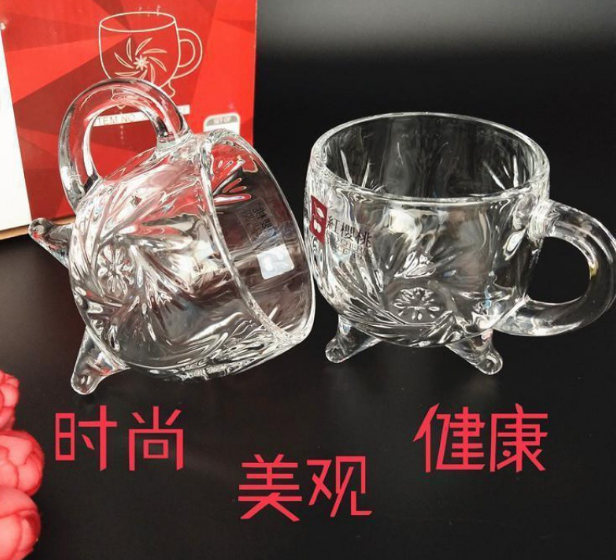 耐热三脚杯子玻璃杯家用带把茶杯果汁杯96/箱B19-1-1