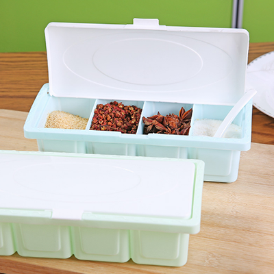 4格调料盒多功能塑料盐味精调料瓶厨房用分隔带勺子/B22-4-2