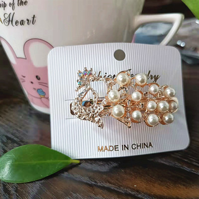 Z003韩版发饰 网红孔雀珍珠弹簧夹 顶夹 刘海夹C3-3-2