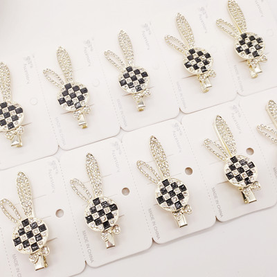 精致小兔子棋盘格西安钻边夹侧边刘海夹C3-3-3