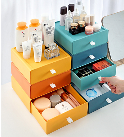 桌面化妆品收纳盒撞色抽屉式置物架学生书桌文具储物盒办公室整理B40-2-1