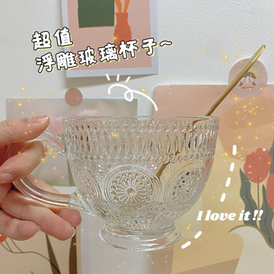 复古浮雕太阳花把杯牛奶杯早餐杯带把大容量燕麦杯 72/件-六B3-2-1