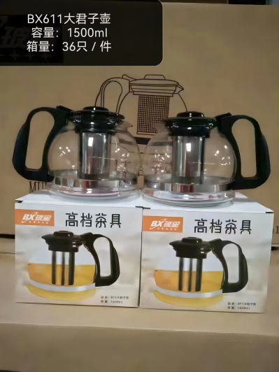 BX611钢网玻璃泡茶壶功夫茶具不锈钢过滤家用商务冲茶器容量1500ML36/件六B0-1-1