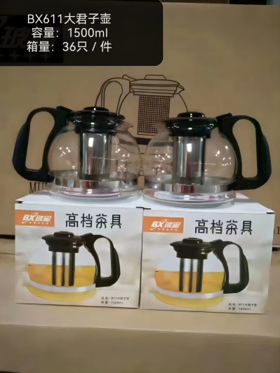 BX611钢网玻璃泡茶壶功夫茶具不锈钢过滤家用商务冲茶器容量1500ML36/件B25-3-2