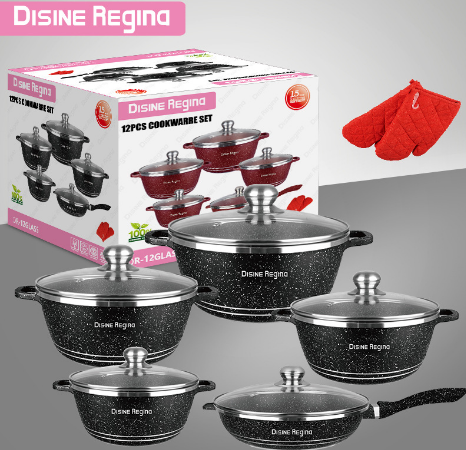 外贸铝锅套装 麦饭石12件套玻璃盖12PCS alumlnum cookware set