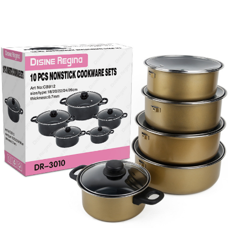 外贸铝锅套装 不粘锅10件套玻璃盖10PCS alumlnum cookware set