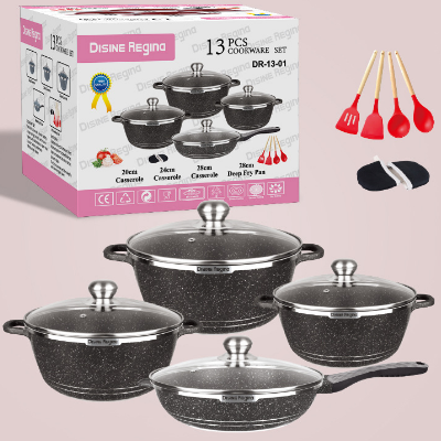 外贸 铝锅13套装中东 麦饭石玻璃盖13PCS alumlnum cookware set