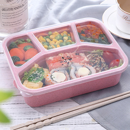 小麦秸秆便当盒 日式饭盒学生餐盒上班便携方形四格分格快餐盒