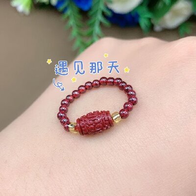 065转运朱砂弹力戒指麒麟石榴石串珠指环扭转乾坤食指戒