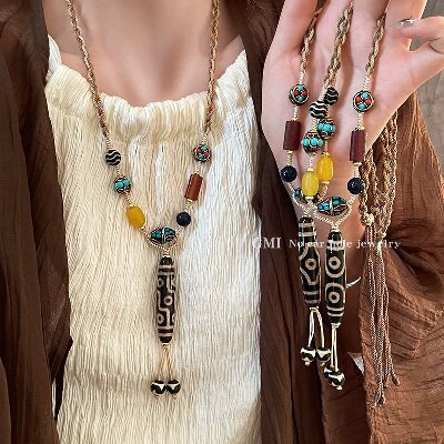 131（竖款九眼）藏式九眼天珠毛衣项链女生新中式民族风复古配饰小众设计感卫衣链