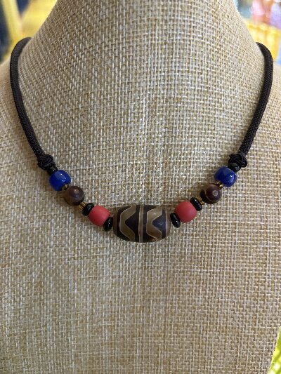 137复古民族风西藏双虎牙天珠吊坠项链做旧玛瑙毛衣链挂件棉麻衣服配饰