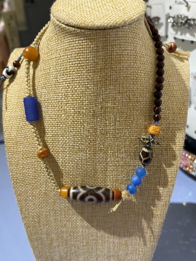 2-005阿呆三眼聚财天珠玛瑙手工编织项链吊坠复古男女毛衣链