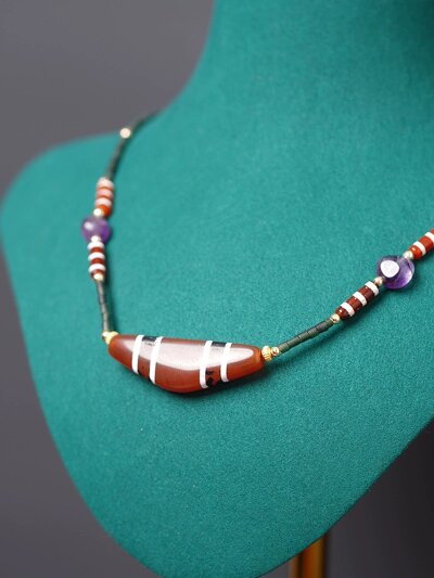 116西亚红玉髓牛角珠锁骨链天珠西藏真品女款项链吊坠线珠情侣款手链