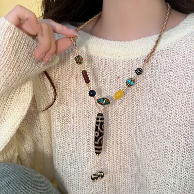 2-010（竖款六眼）民族风竖款六眼天珠吊坠项链女藏式复古编织毛衣链新中式网红配饰品