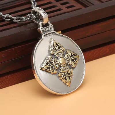 2-022（单吊坠）九宫八卦男女款旋转吊坠纯银S925复古泰银配饰十字金刚杵链一眼六字箴言挂坠