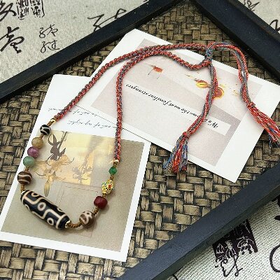 2-048藏式手工编织玛瑙天珠项链男女生黑金多宝九眼天珠吊坠挂脖复古毛衣链饰品