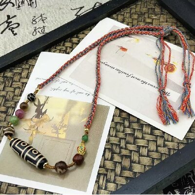 2-054藏式手工编织玛瑙天珠项链男女生地门四眼天珠吊坠挂脖复古毛衣链饰品