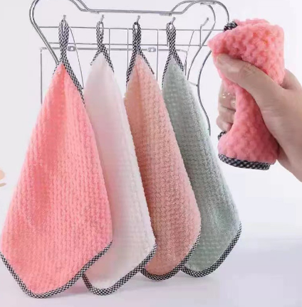 可挂式菠萝格包边抹布 珊瑚绒擦巾厨房清洁布 不掉毛吸水洗碗布八B42-3-3