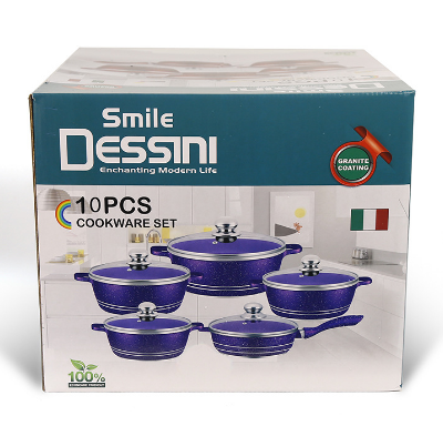 外贸麦饭石10件套铝锅套装 撒点铝锅玻璃盖10件套 10pcs set