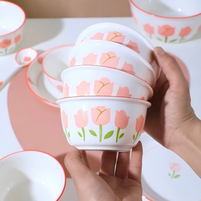 90/件（优等商超款）5.1寸甜心陶瓷碗家用米饭碗-郁金香六B4-2-3-1