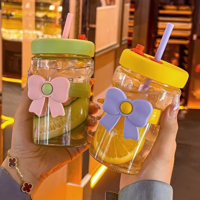 XY-0890蝴蝶结吸管杯水杯玻璃杯牛奶果汁饮料杯 68/件六B11-2-1