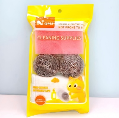 QMJ-2687一片丝瓜海棉+两个钢丝球+一片洗碗巾清洁组合 200/件六1号ZBJ1-2-2