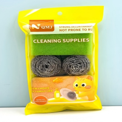 QMJ-2687一片丝瓜棉+两个钢丝球+一橙色海藻海绵清洁组合 200/件六B10-3-4
