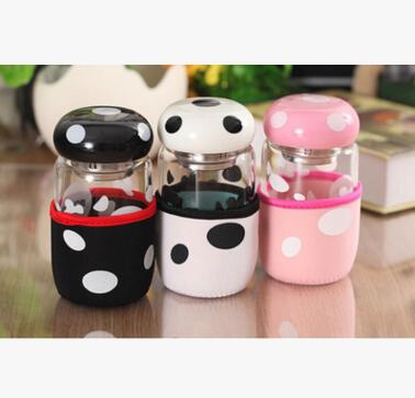 300ml 玻璃杯隔热布套带茶隔密封防漏水杯 蘑菇杯子八2号ZBJ1-2-2