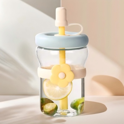 家用简约ins花朵杯网红高颜值玻璃杯吸管杯 70/件八A5-2-1