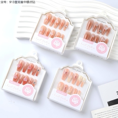 J-913皇冠盒中梯点钻穿戴甲指甲贴秋冬氛围立体美甲贴手工穿戴甲 600/件八C5-1-3