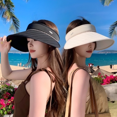 夏季珍珠帽发箍空顶草编发卡户外遮脸遮阳防晒太阳帽子