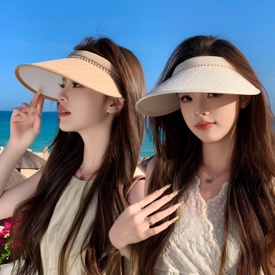 夏季珍珠帽发箍空顶草编发卡户外遮脸遮阳防晒太阳帽子