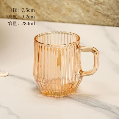 琥珀色六角竖纹把杯玻璃杯 72/件八B32-1-1