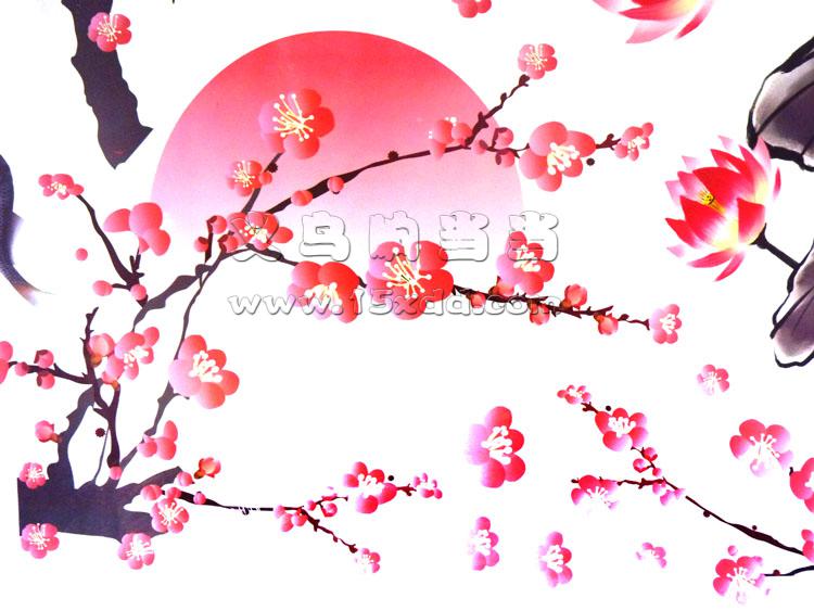 中国风梅花荷花墙纸贴画 可移除创意背景墙壁贴纸 海纳百川墙贴